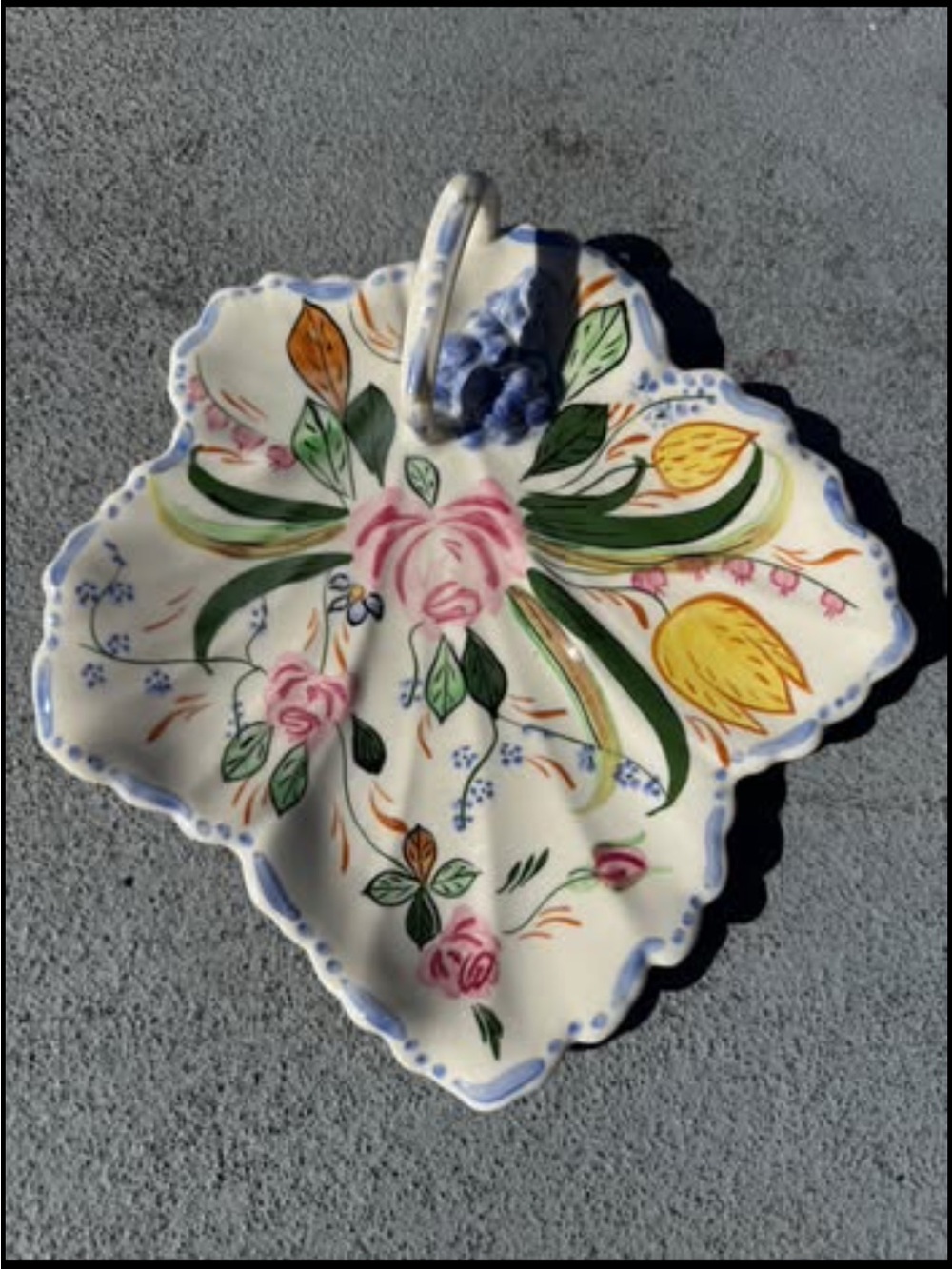 Hand-Painted Floral Ceramic Leaf Dish with Handle - Cream, Pink, Yellow, Green